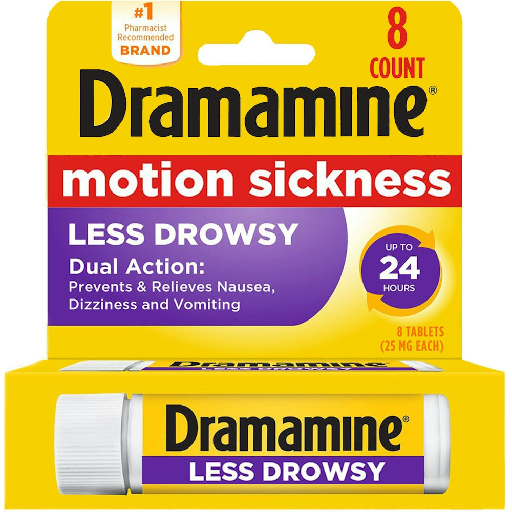 Dramamine All Day Less Drowsy Motion Sickness Relief Tablets 25 mg in blister pack, for nausea and travel discomfort.