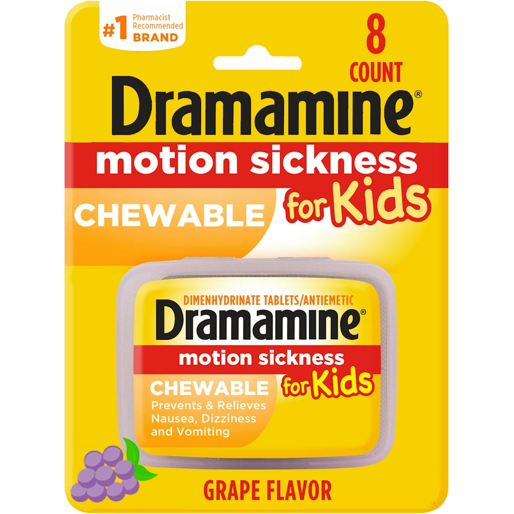 Dramamine Motion Sickness Relief for Kids in travel case with chewable grape-flavored tablets, designed for children’s health and travel ease.