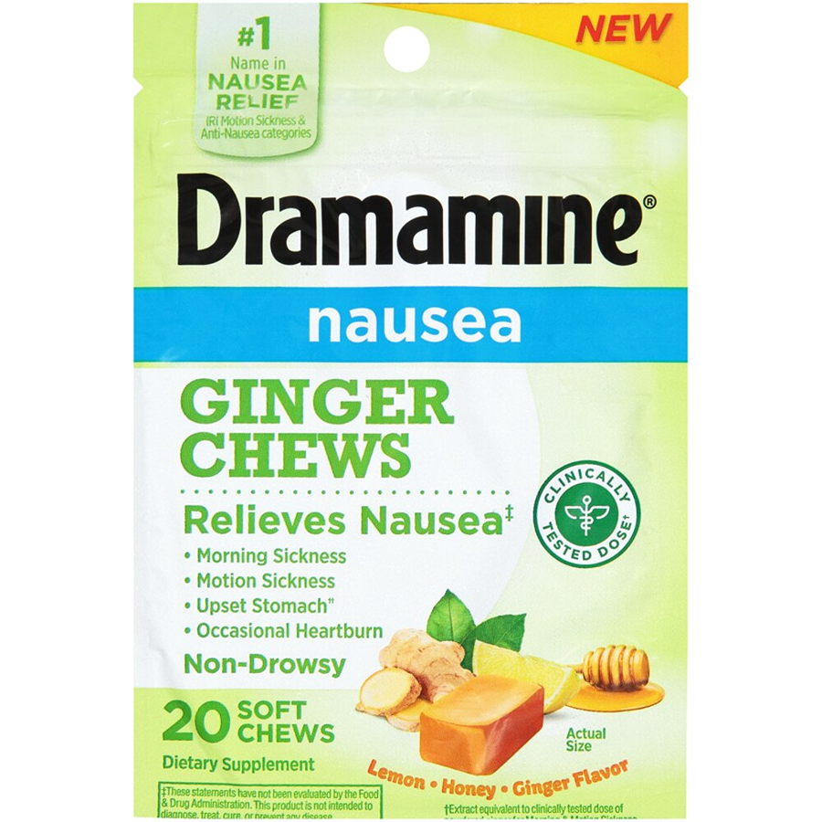 Dramamine Nausea Relief Soft Chews with ginger, lemon, and honey, in a clear package, designed to ease nausea naturally.