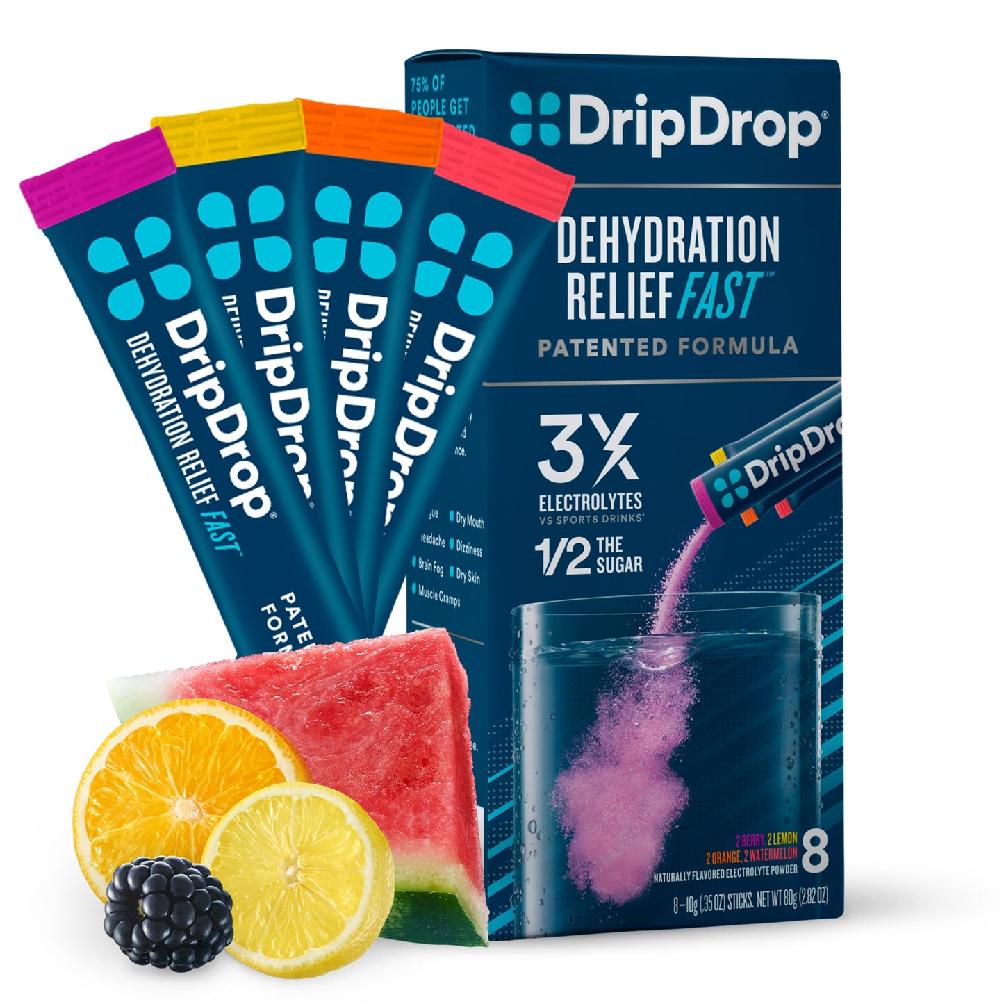 DripDrop electrolyte vegan powder for dehydration relief in Bold Classics Variety Pack, 8-count, from Pasteur Pharmacy.