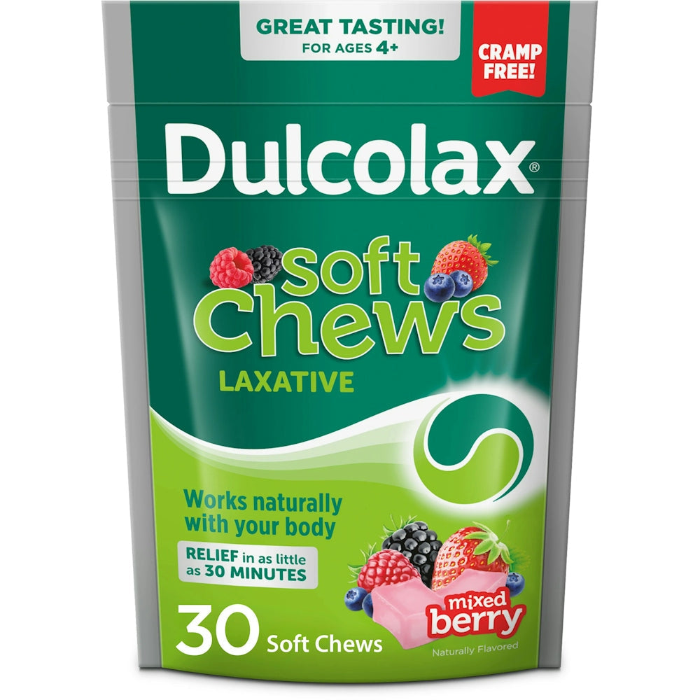 Dulcolax laxative soft chews in mixed berry flavor, 30-count, designed for gentle bowel relief, by Pasteur Pharmacy.
