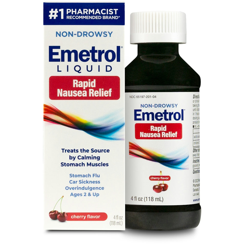 Emetrol non-drowsy cherry flavor liquid nausea relief bottle, 4 fl oz, in a health and beauty product display.