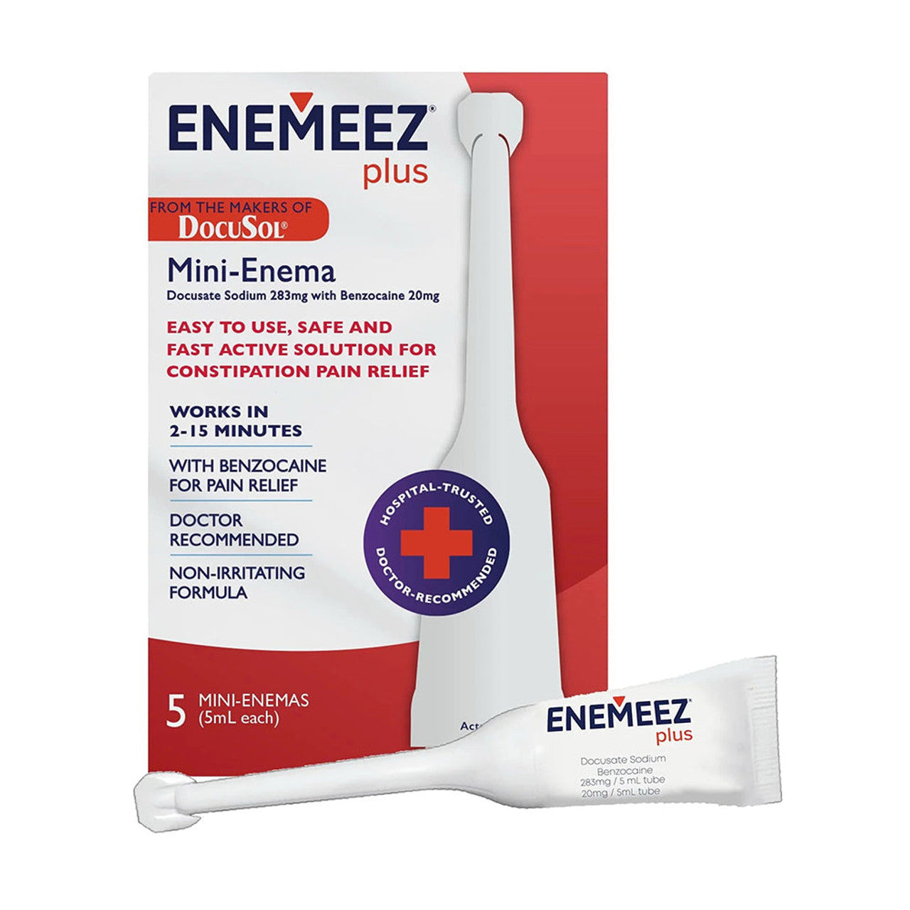 Enemeez Plus Docusol mini enema for constipation relief, showing the small enema bottle and packaging.