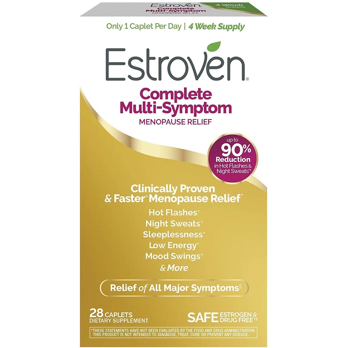 Estroven Caplets for menopause relief, showing the health supplement bottle with label in a health and beauty setting.