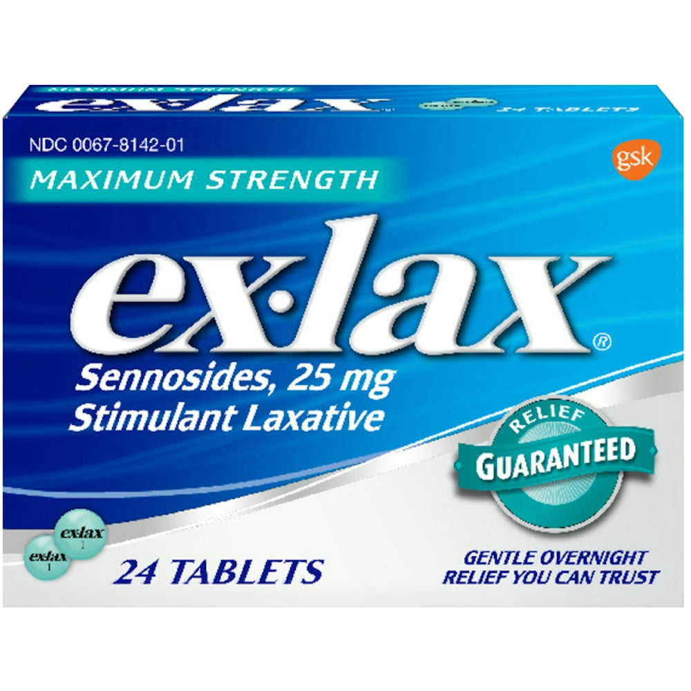 Ex-Lax Maximum Strength stimulant laxative pills for constipation relief, gentle laxatives, in a white bottle with label.