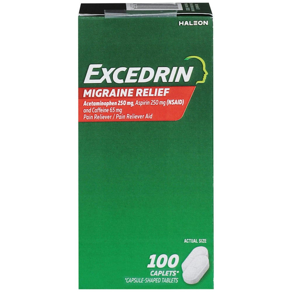Excedrin Pain Reliever caplets for migraine relief, displayed in a bottle on a white background.