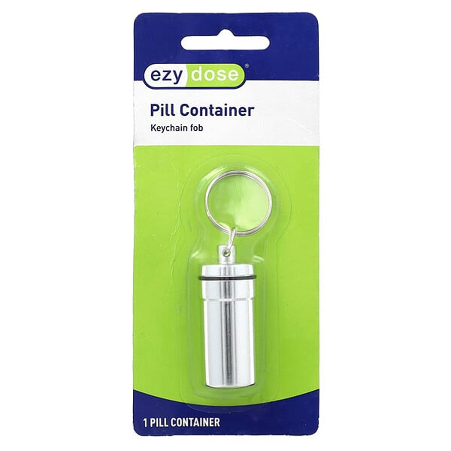 Ezy Dose pill container keychain fob by Pasteur Pharmacy for discreet medication storage and easy access.
