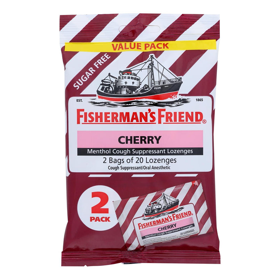 Fisherman's Friend Menthol Cherry Lozenges, sugar-free cough suppressant lozenges, 40 pieces, in a clear package.