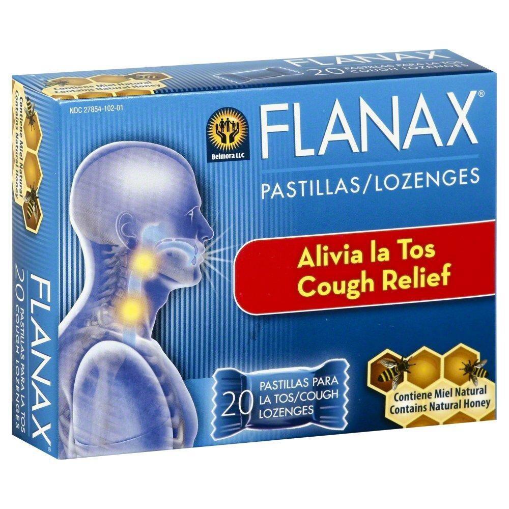 Flanax Cough Relief Throat Lozenges in honey flavor, packaged in a box, designed to soothe sore throats and coughs.