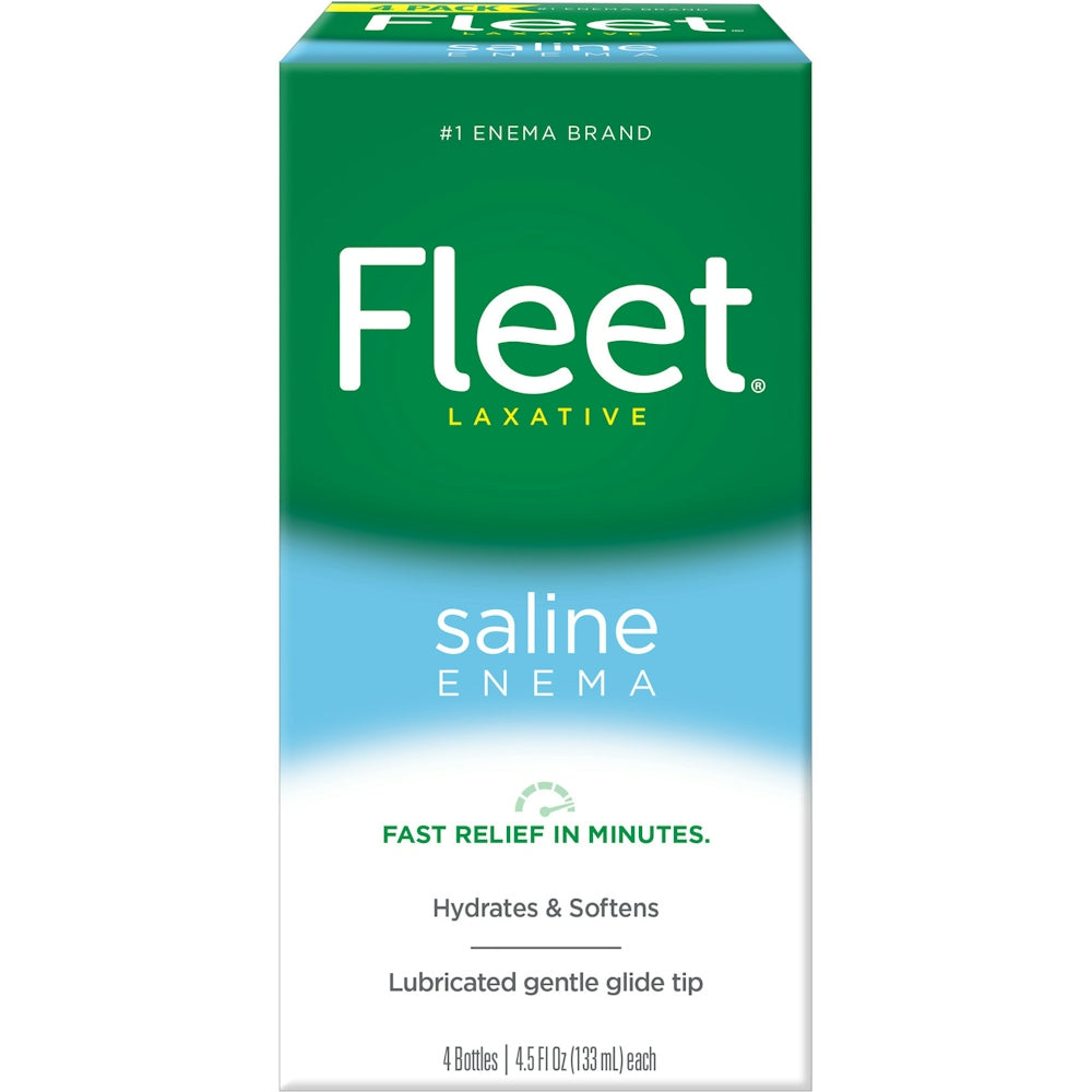 Fleet Laxative Saline Enema for adults, 18 fl oz bottle, used for relieving constipation, by Pasteur Pharmacy.