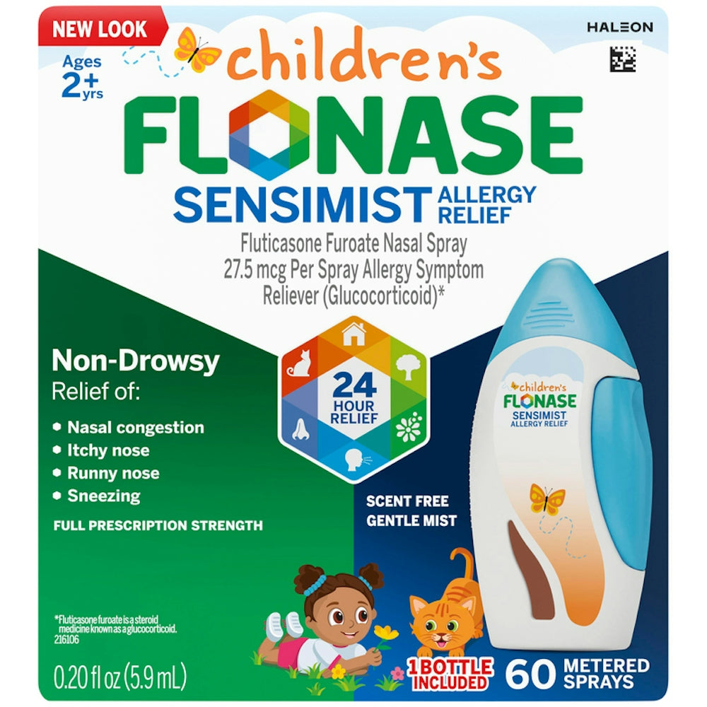 Flonase Children's Sensimist 24hr allergy relief nasal spray bottle with gentle mist, scent-free, designed for kids.
