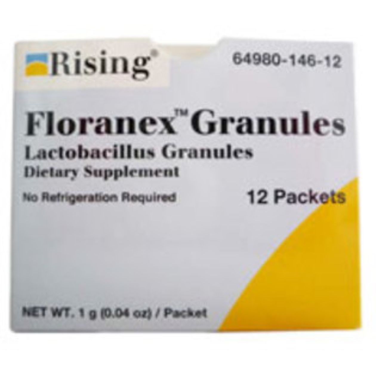 Floranex® Probiotic Antidiarrheal Granules from Rising Pharma in a clear packaging, designed to support digestive health and soothe diarrhea.