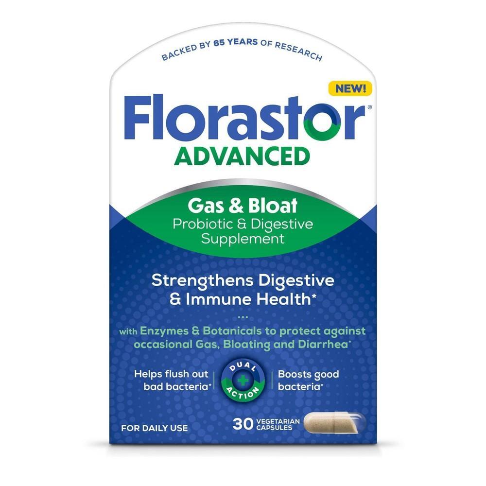 Florastor Advanced Gas & Bloat Probiotic supplement in a bottle, designed to support digestive health and reduce bloating.