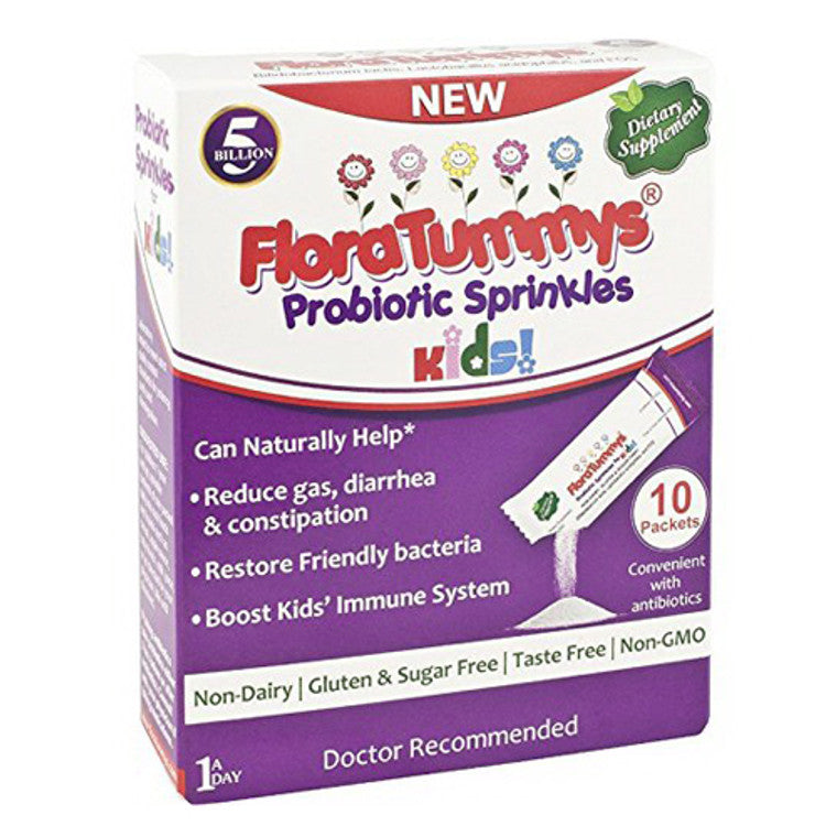 FloraTummys Kids Probiotic Sprinkle 10-count, health supplement for children, featuring colorful packaging and probiotic capsules.