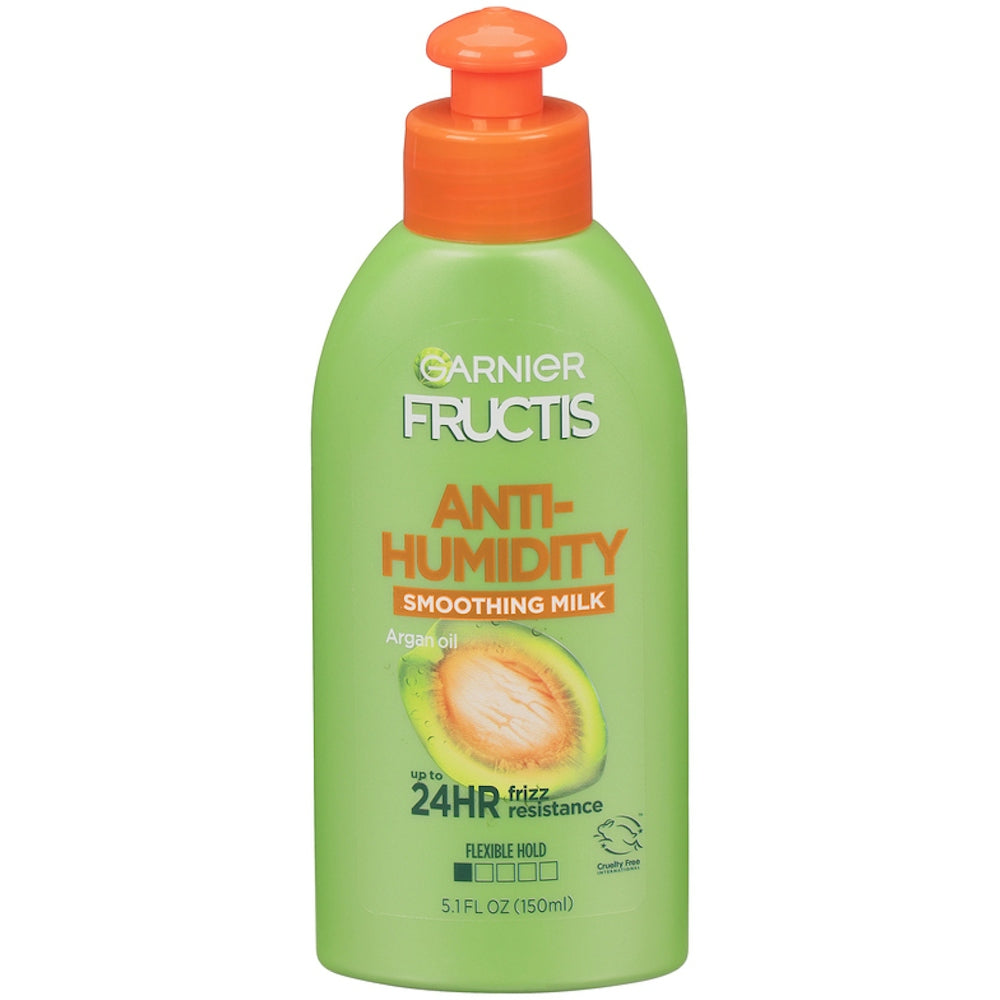 Fructis Garnier Style Anti-Humidity Smoothing Milk bottle, 5.1 fl oz, for sleek, frizz-free hair in health and beauty products.