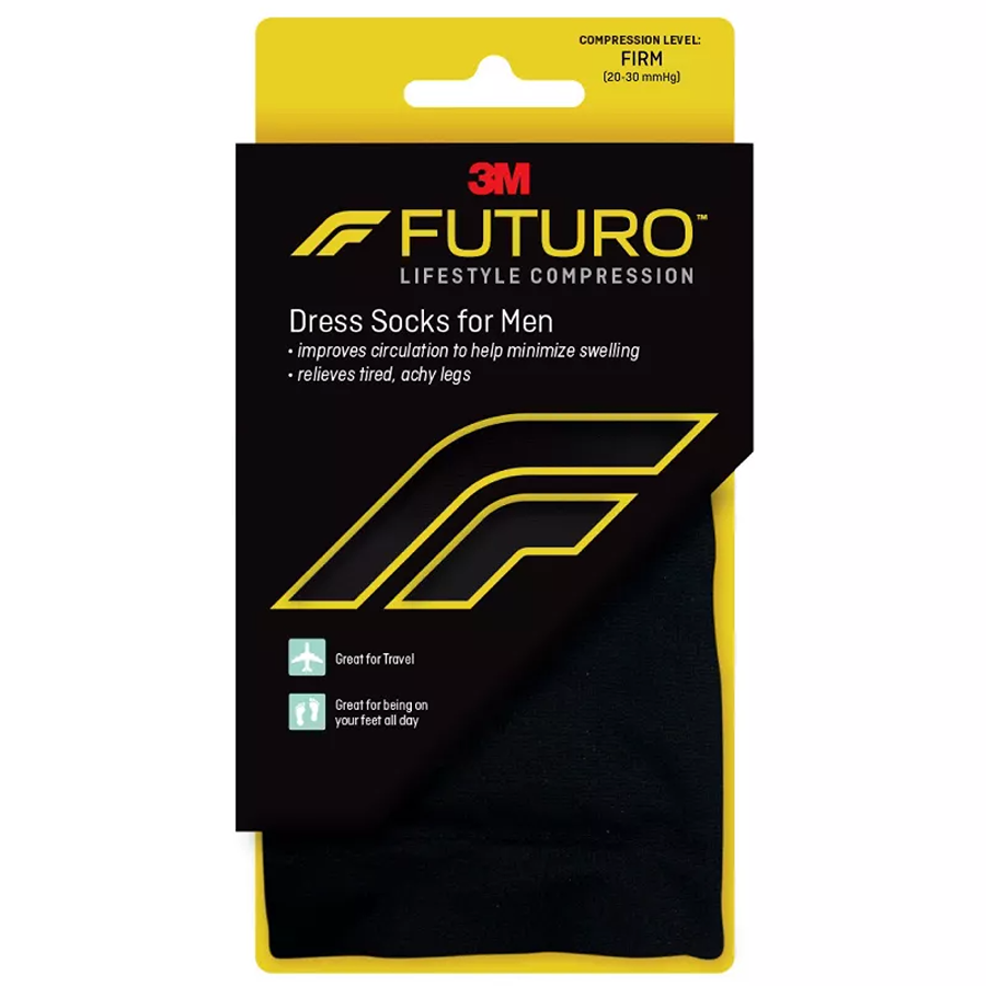 Futuro restoring dress socks for men in medium firmness, black, designed to improve circulation and comfort.