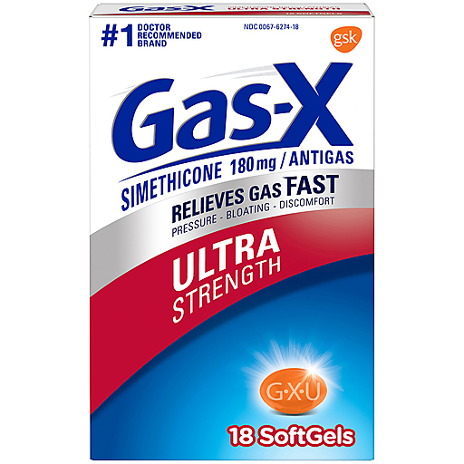 Gas-X Ultra Strength Relief Softgels in blister pack for digestive comfort and gas relief from Pasteur Pharmacy.