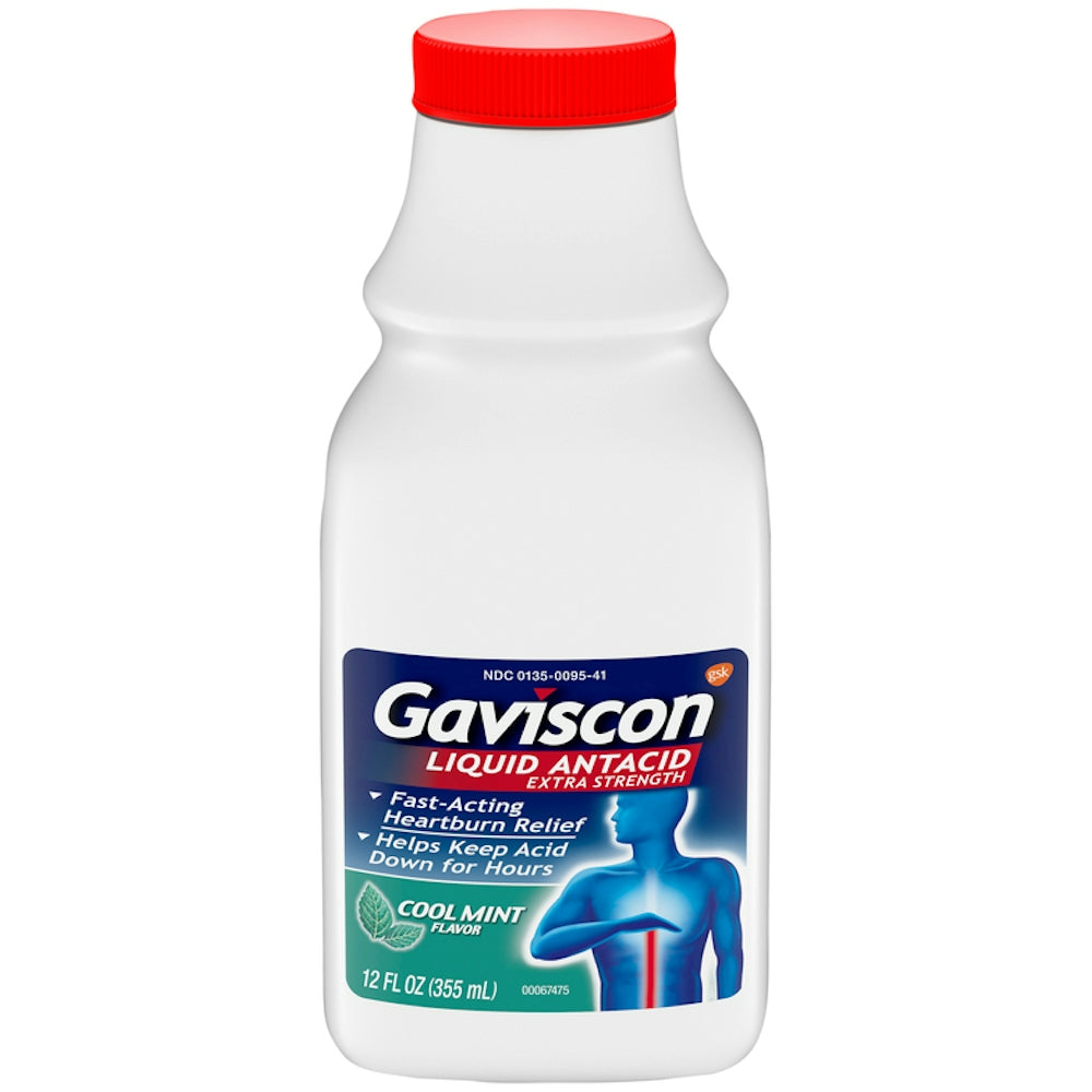 Gaviscon Antacid Extra Strength Liquid Cool Mint in a 12 oz bottle, for heartburn relief, by Pasteur Pharmacy.