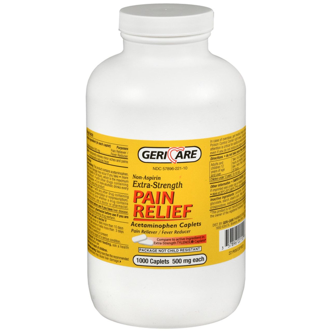 Geri Care Acetaminophen pain relief bottle from Pasteur Pharmacy, containing medication for pain and fever relief.