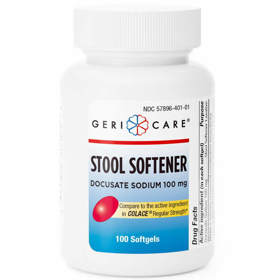 GeriCare Docusate Sodium 100 Mg capsules, 100 count bottle, a laxative supplement for bowel relief, by Pasteur Pharmacy.