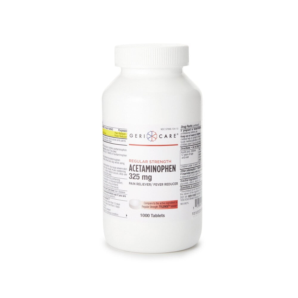Gericare Pain Relief 325 Mg Acetaminophen tablets in a bottle, used for pain relief and fever reduction.