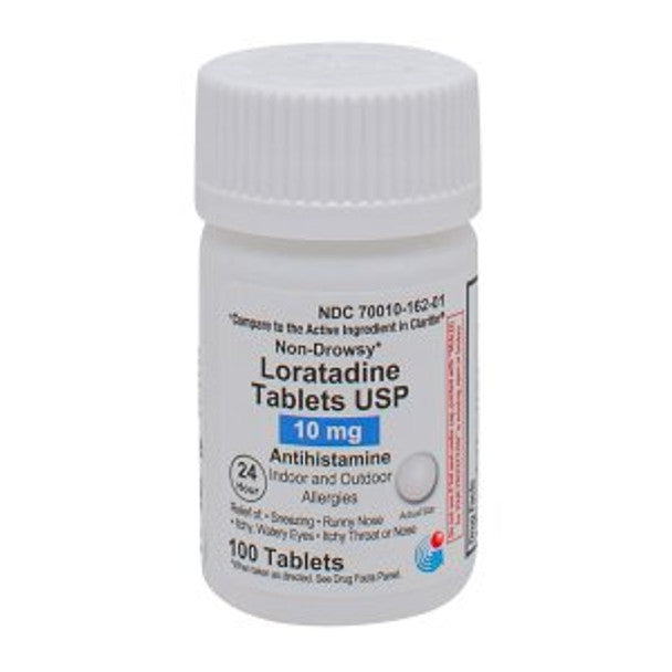 Loratadine 10 mg granules in 100 tabs, allergy relief medication from Pasteur Pharmacy, placed in a clear container.