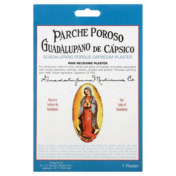 Guadalupano Capsicum Plaster from Pasteur Pharmacy, a health and beauty patch for soothing pain relief, shown on a white background.