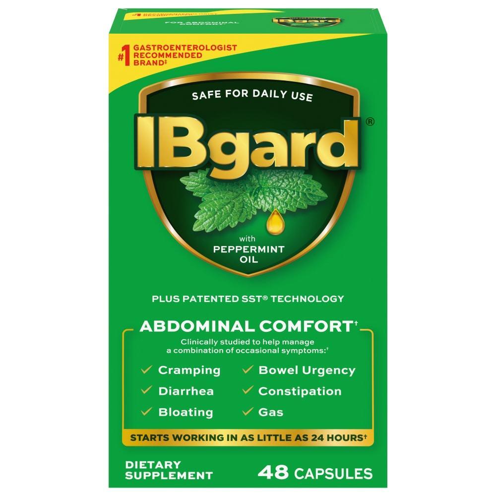 IBgard gut health supplement capsules with peppermint oil for abdominal comfort, shown in blister packs.