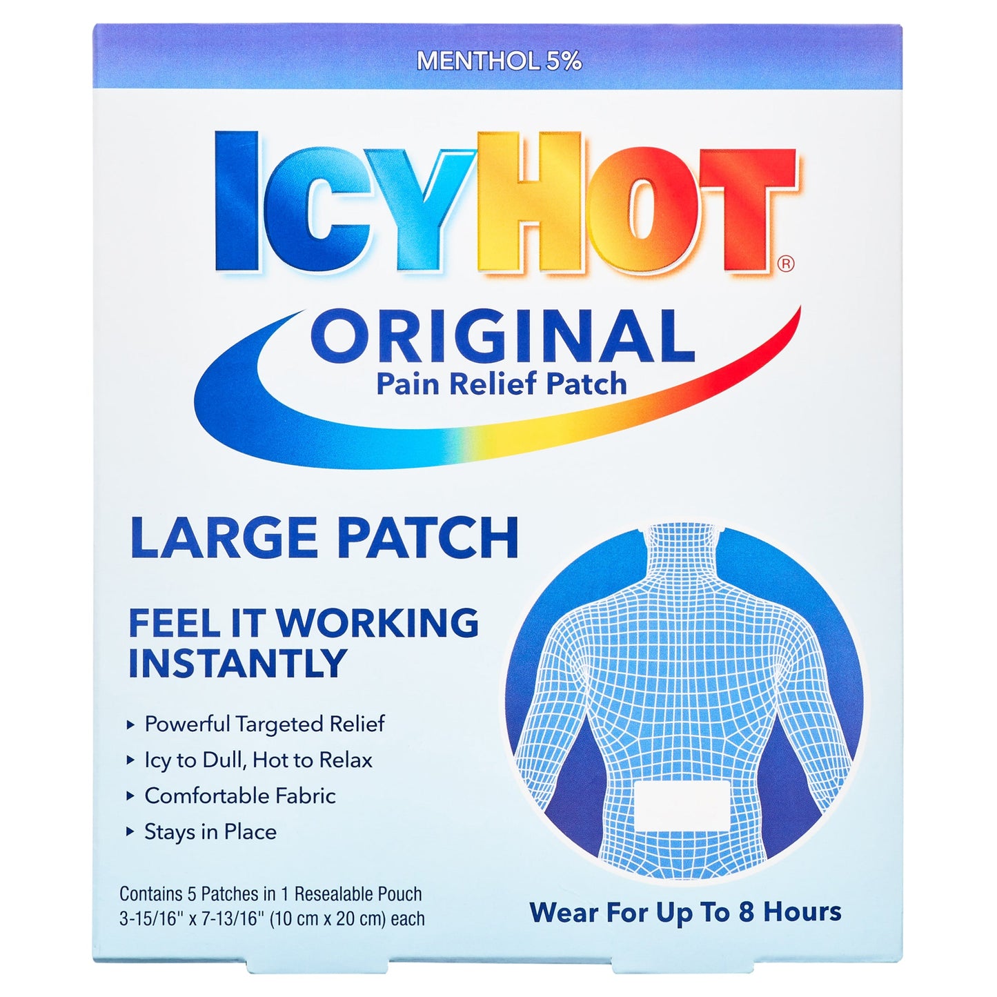Icy Hot Original Large Pain Relief Patch for back, 5 count, health and beauty product with menthol and capsaicin for muscle relief