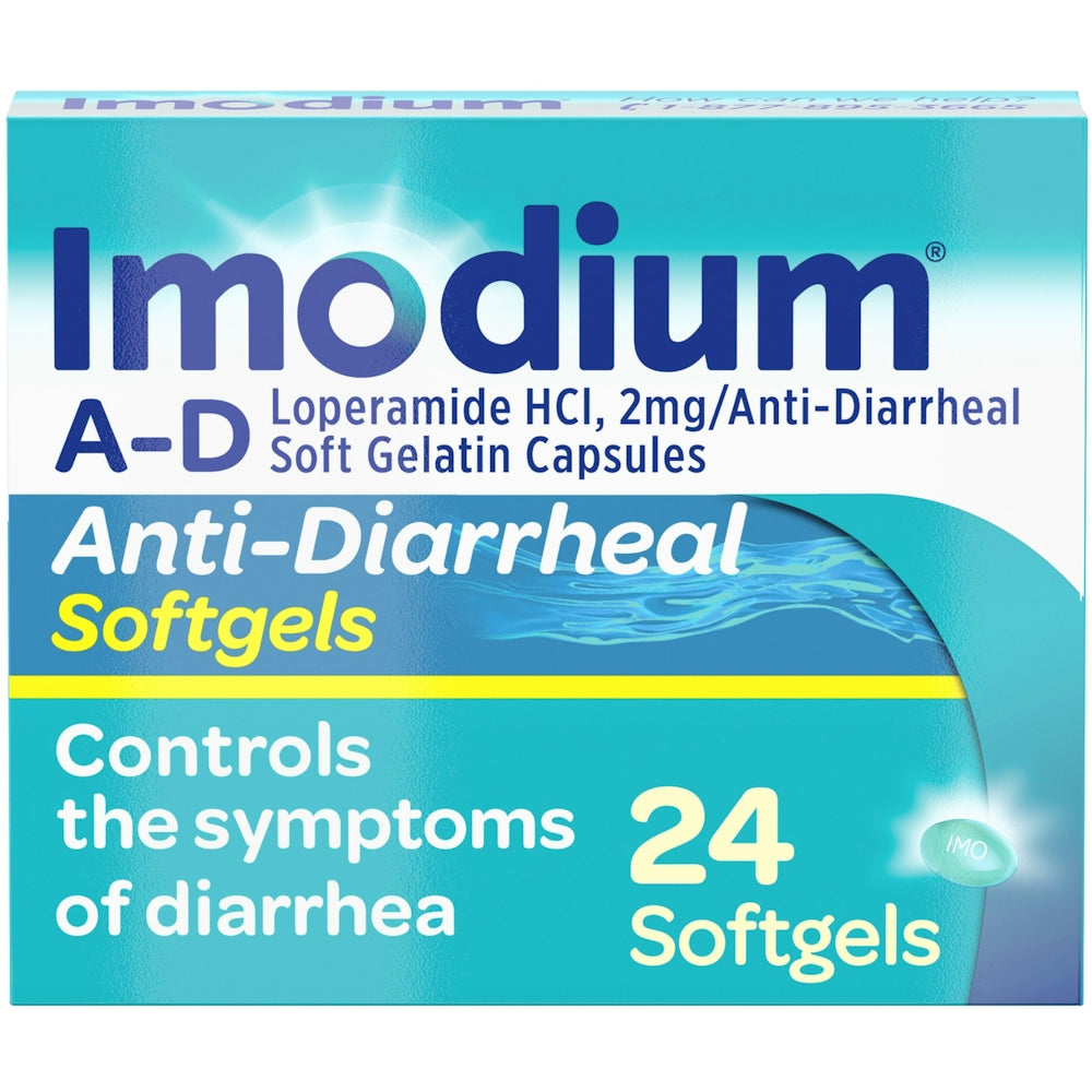 Imodium A-D anti-diarrheal softgels by Pasteur Pharmacy, 24-count bottle of diarrhea relief medicine with loperamide hydrochloride.