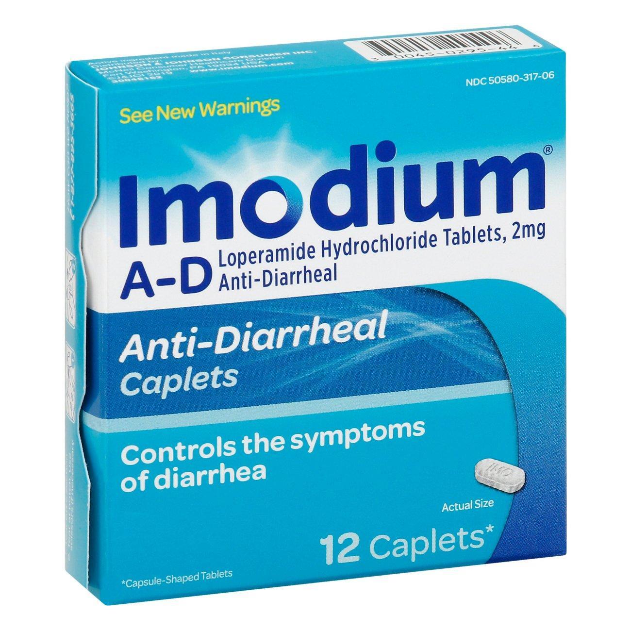 Imodium A-D caplets in a 12-count package, used for relief of diarrhea, shown in a health and beauty product image.