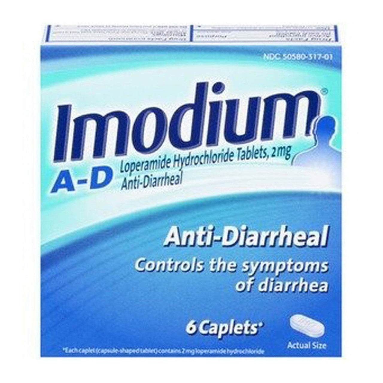 Imodium A-D Loperamide Hydrochloride diarrhea relief caplets in a 6-count bottle, used for fast stomach upset relief.