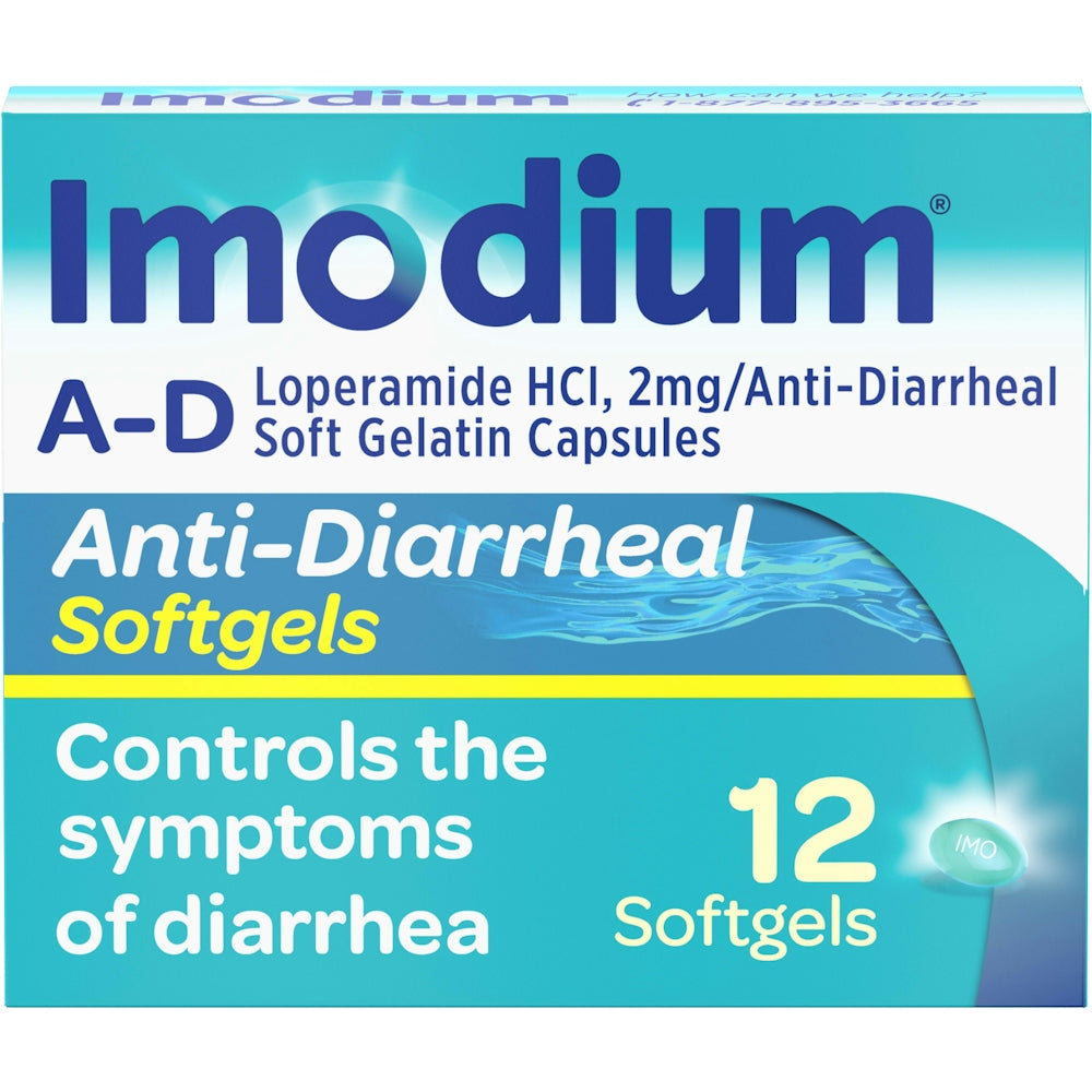 Imodium Anti-Diarrheal Softgels in a 12-count package, used for quick relief from diarrhea, shown in a health and beauty setting.