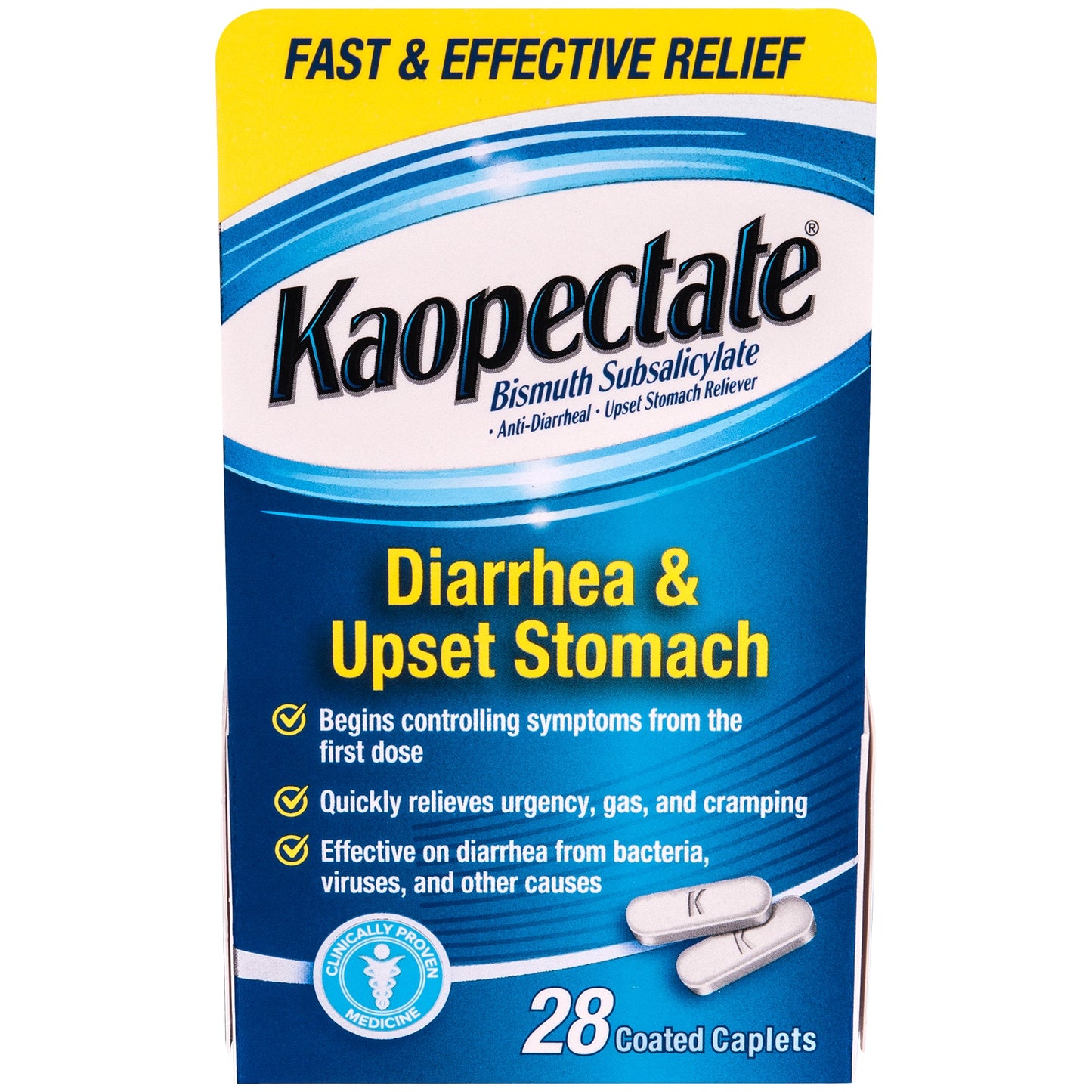Kaopectate multi-symptom relief coated caplets in a bottle, used for digestive health and upset stomach relief.