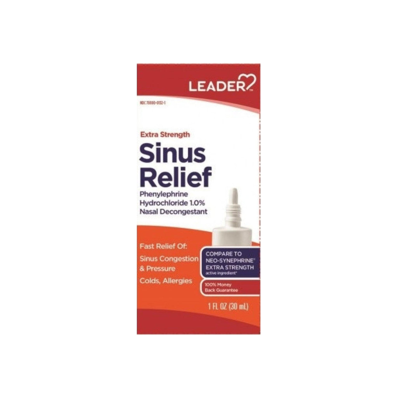 Leader Extra Strength Sinus Relief Nasal Spray in a 1 oz bottle, designed to help clear nasal congestion and sinus pressure.