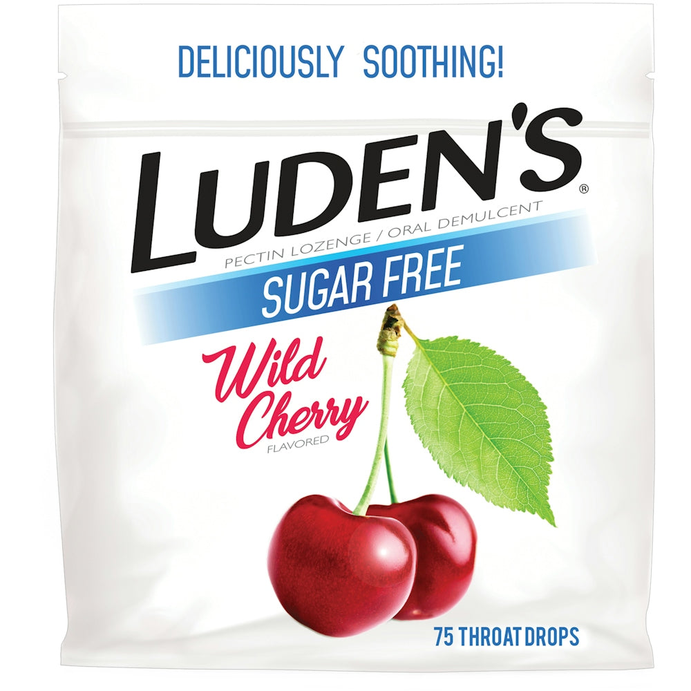 Luden's Sugar Free Wild Cherry Throat Drops in a clear plastic package, designed for soothing sore throats and freshening breath.