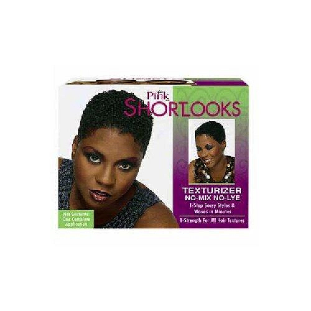 Luster's Pink Shortlooks Texturizer Curl Softener kit with application tools for hair texturizing and softening.