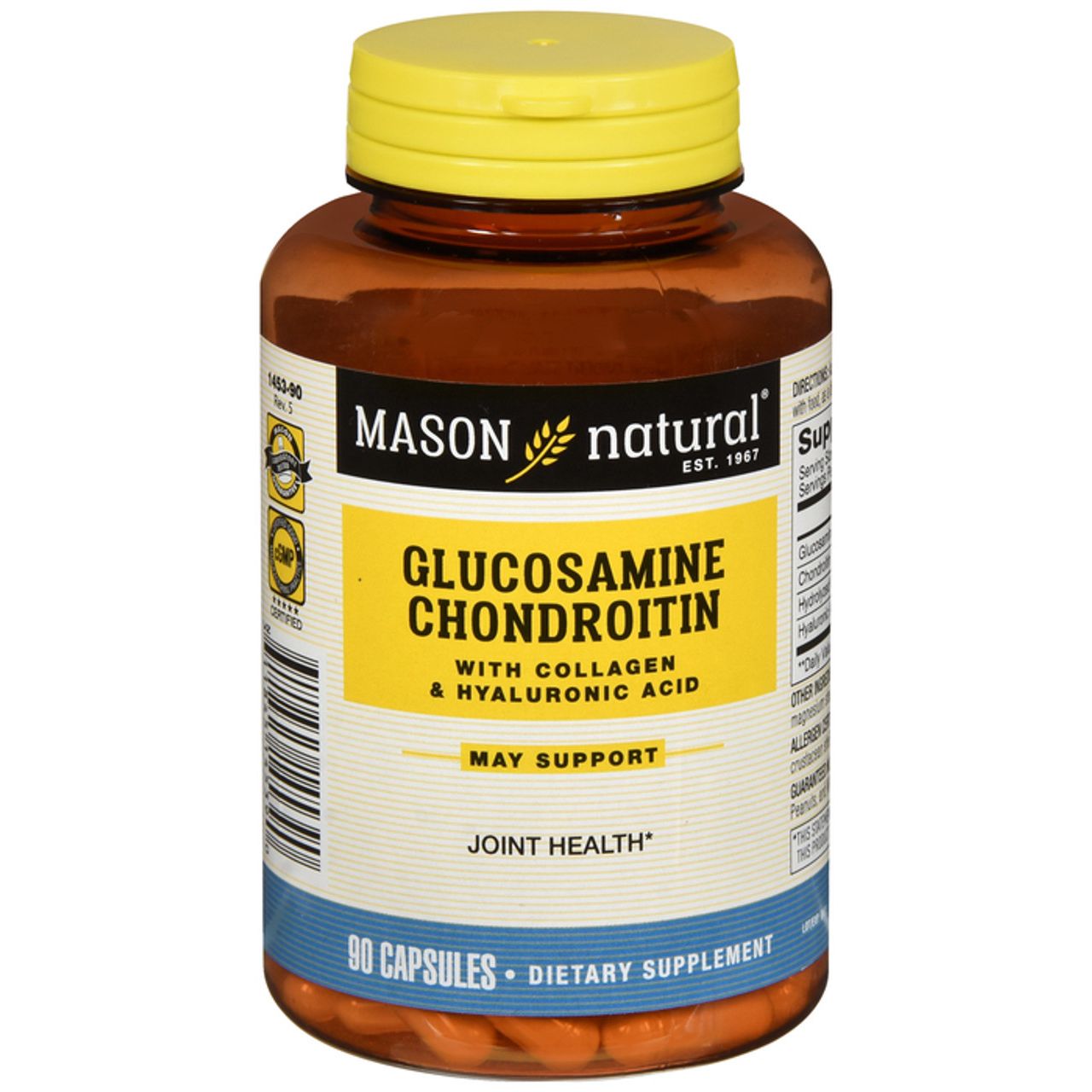 Mason Natural Glucosamine Chondroitin Advanced capsules for joint health, displayed in a bottle with supplement capsules.