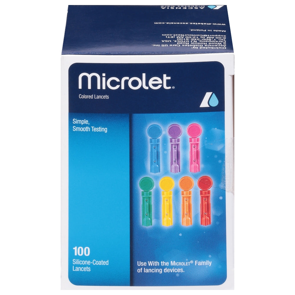Microlet Bayer colored lancets for blood glucose testing, shown in a package with multiple lancets for diabetes management.