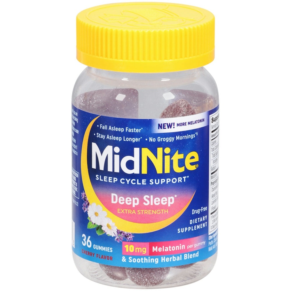 MidNite Deep Salep Extra Strength Melatonin 10mg gummies by Pasteur Pharmacy, 36-count for sleep support.