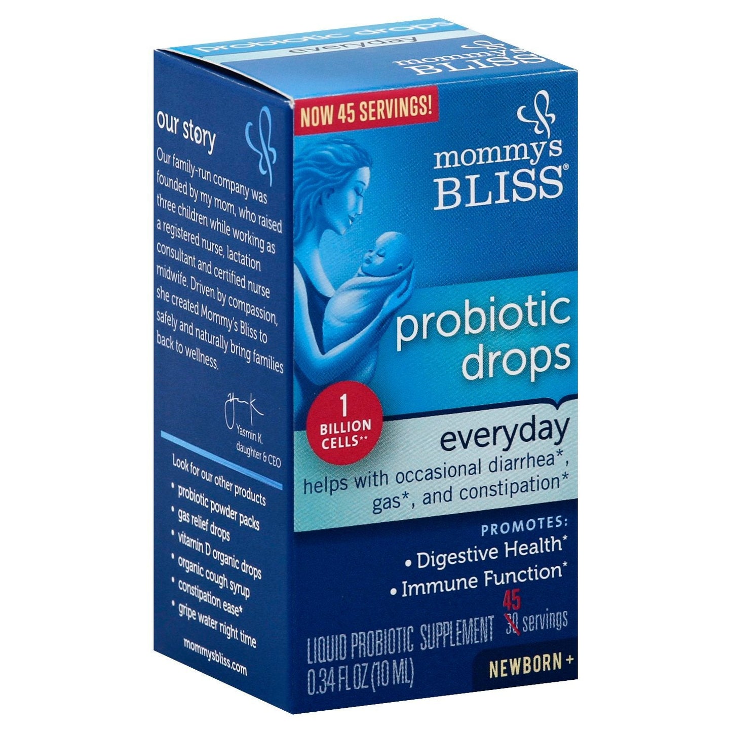 Mommy's Bliss Baby Probiotic Everyday bottle, 0.34 fl oz, with 45 servings, in a health and beauty product image.