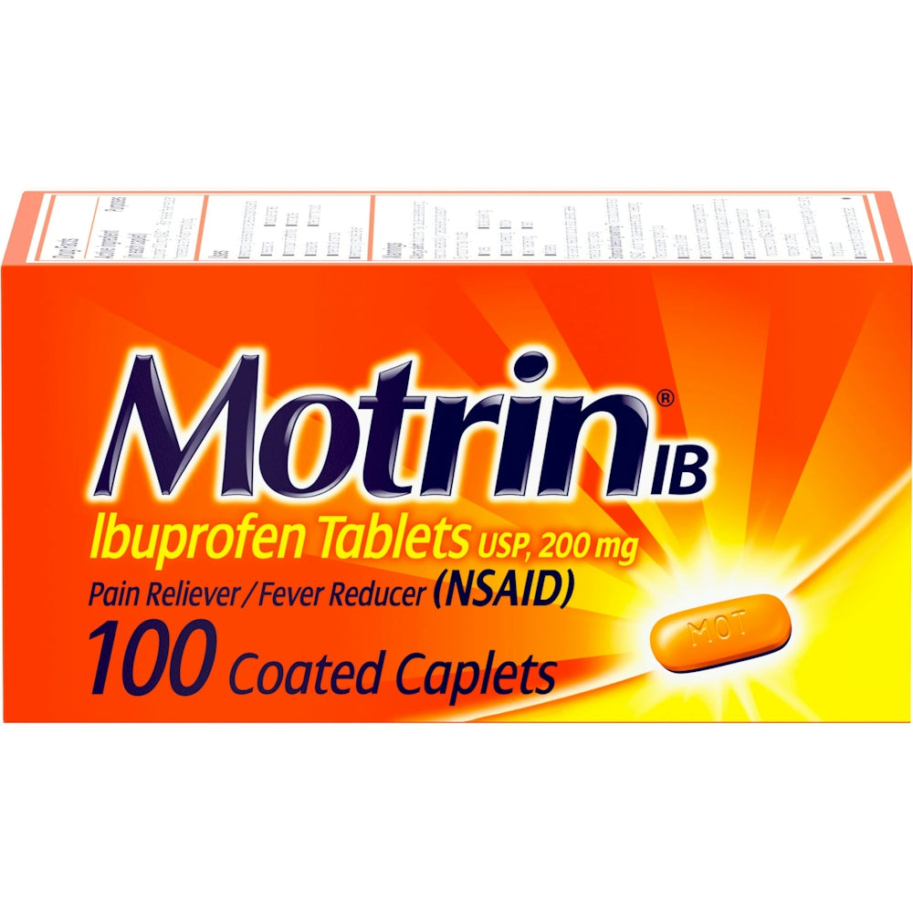 Motrin IB 200mg caplets in a bottle, pain relief medication from Pasteur Pharmacy, 100 count.