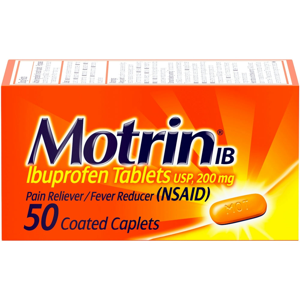 Motrin IB pain reliever and fever reducer coated caplets, 200 mg, displayed in blister packaging, for effective pain relief.