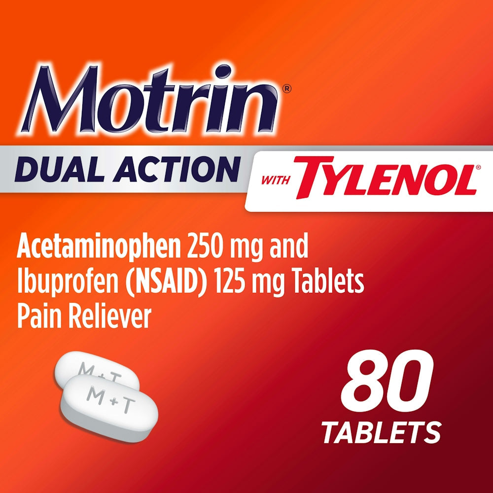 Motrin Ibuprofen and Acetaminophen dual-action tablets in blister pack, used for pain relief and fever reduction.