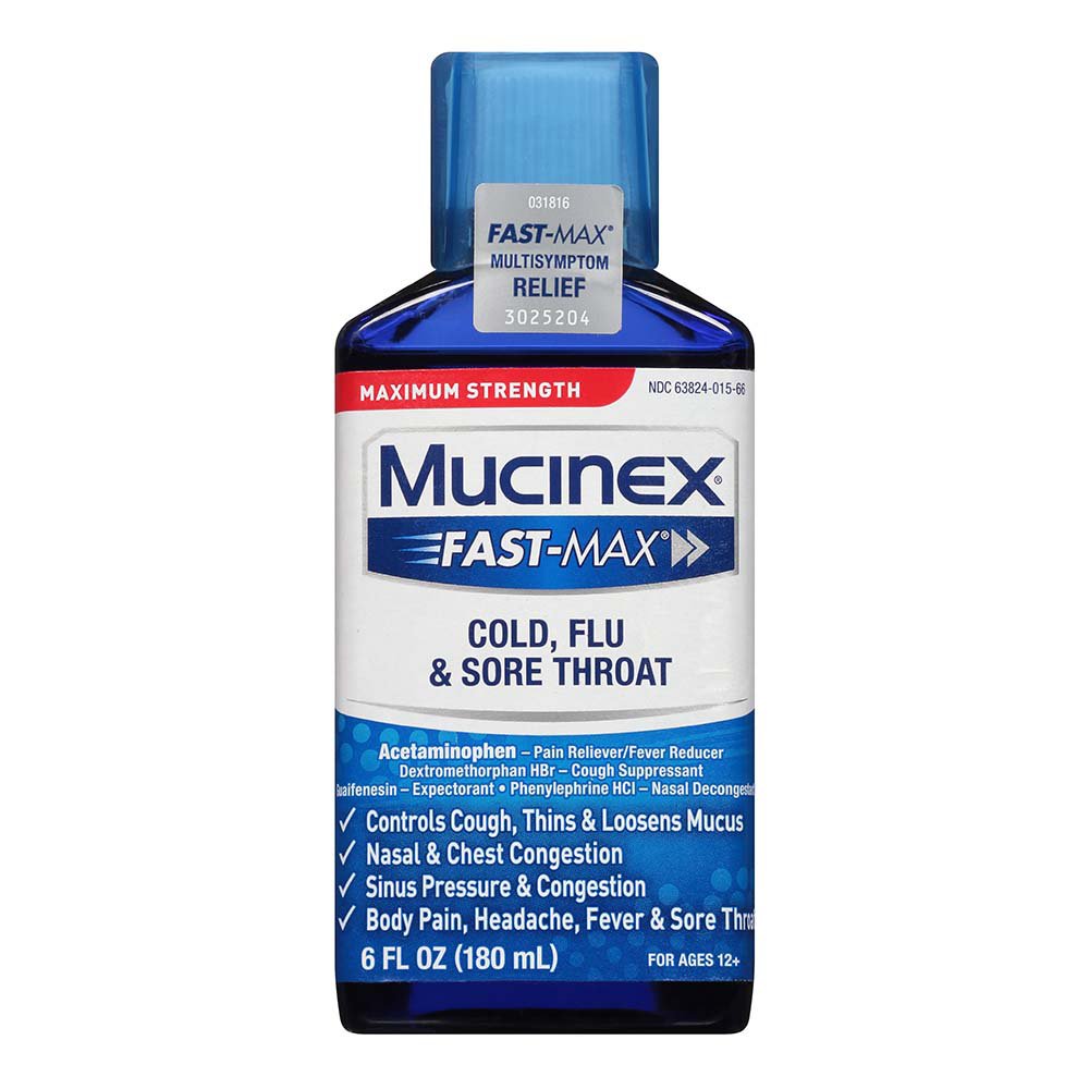 Mucinex Fast Max Cold and Sore Throat Liquid in a 6oz bottle, used for relief of cold symptoms and sore throat.