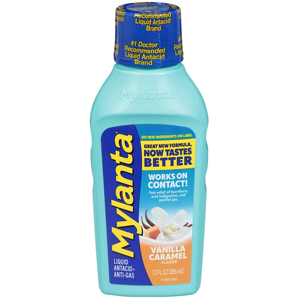 Mylanta Liquid 355ml Vanilla Caramel bottle from Pasteur Pharmacy, used for digestive relief in health and beauty.