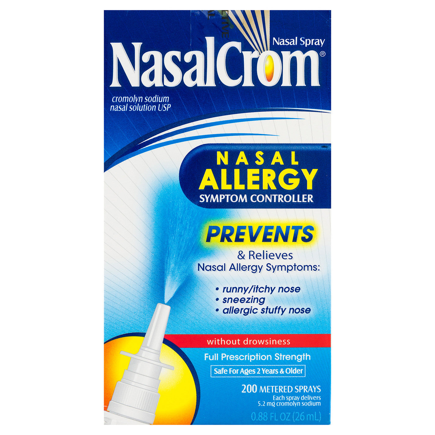 NasalCrom Spray allergy symptom controller in a 0.88 fl oz bottle, used for nasal allergy relief, by Pasteur Pharmacy.