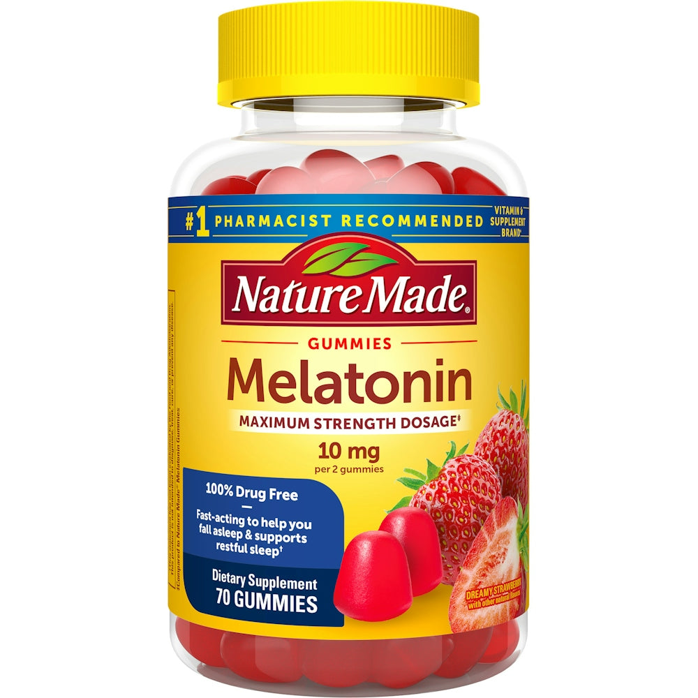 Nature Made Melatonin gummies in dreamy strawberry flavor, maximum strength 10 mg for restful sleep, from Pasteur Pharmacy.