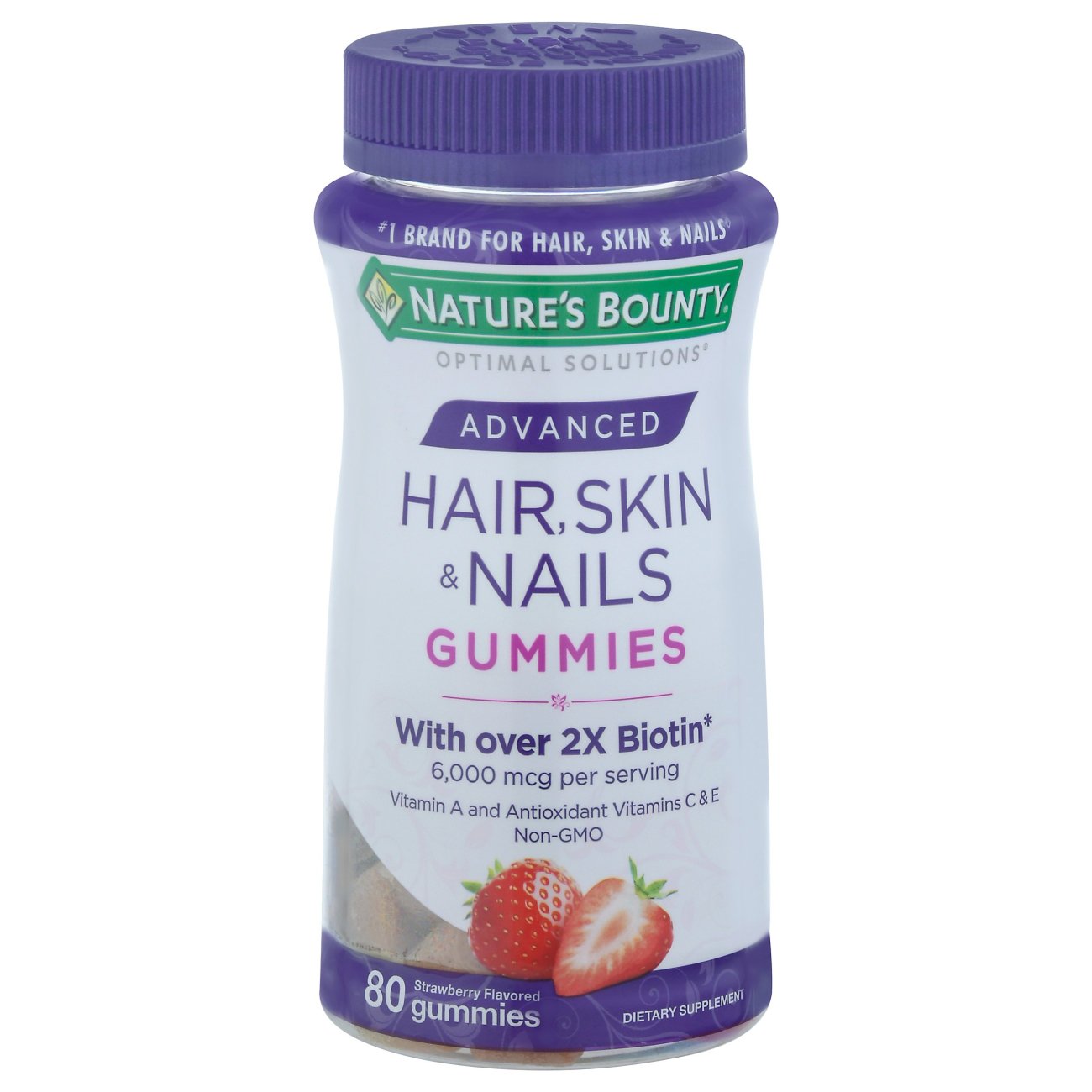 Nature's Bounty Optimal Solutions Advanced Hair, Skin & Nails supplement bottle on a white background.