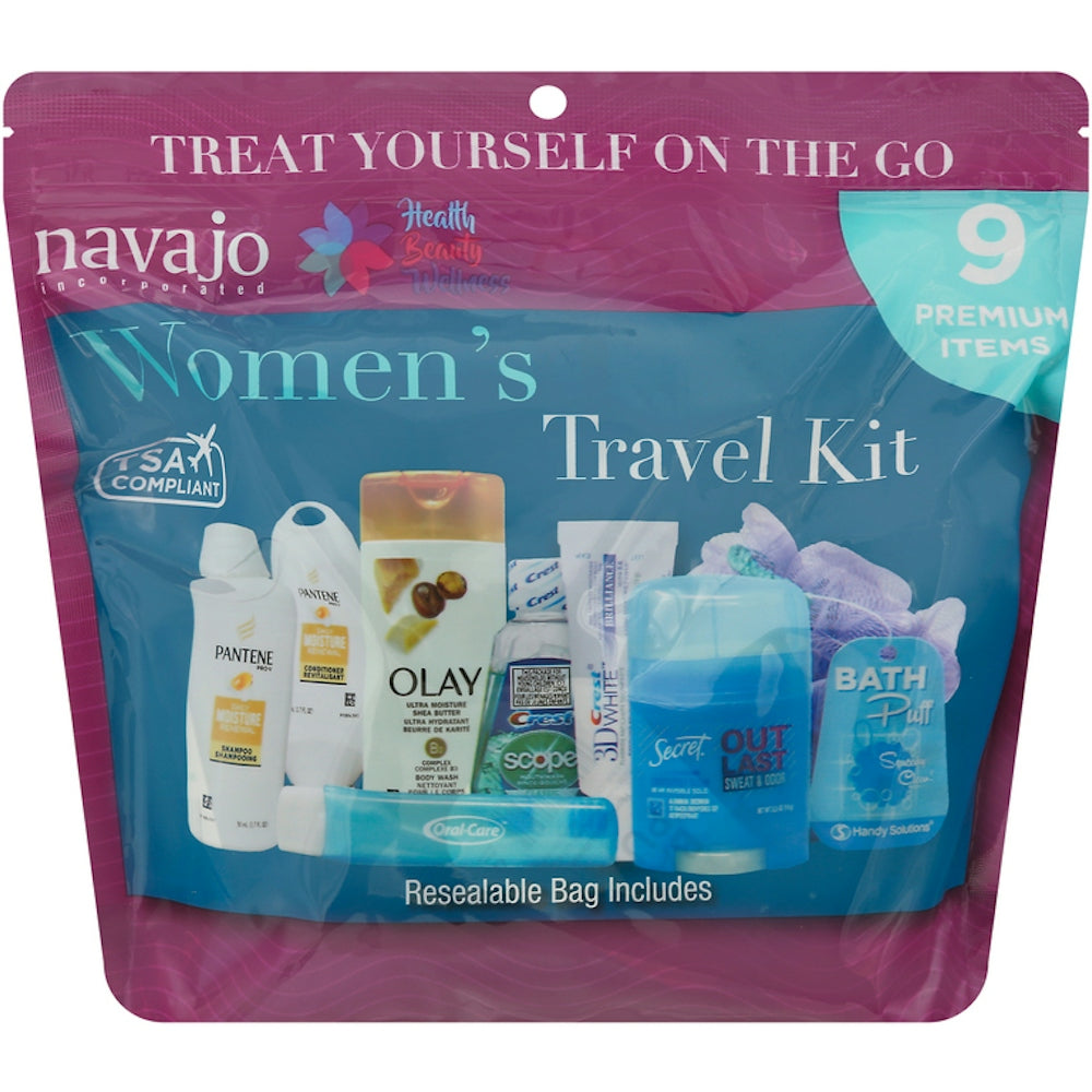 Navajo Handy Solutions 9-piece resealable women's travel kit with health and beauty essentials, compact for on-the-go use.